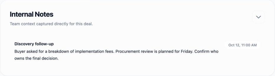 Saved discovery note detailing fictional buyer questions about implementation fees and decision-maker.